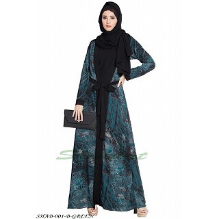 Shrug abaya- Black-Green print